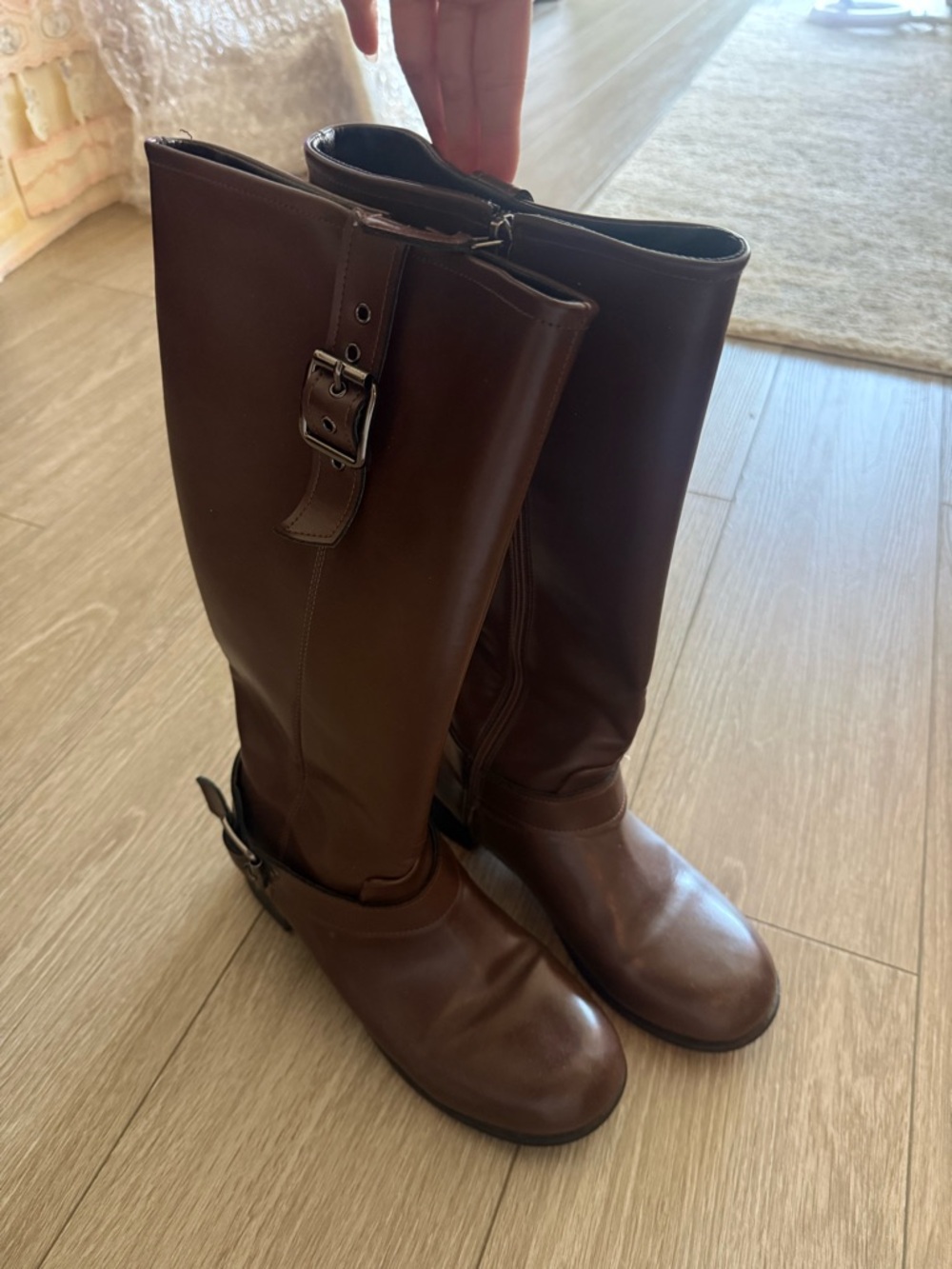 Women's Brown Leather-Look Tall Buckle Long Knee High Boots